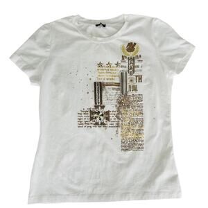 Oltre Graphic Print Tee Shirt White Gold 3D Details Large Metallic Made in Italy
